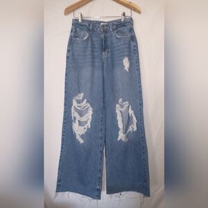 Forever 21 Super Wide Leg Baggy High Waisted Distressed Blue Women's Jeans 28